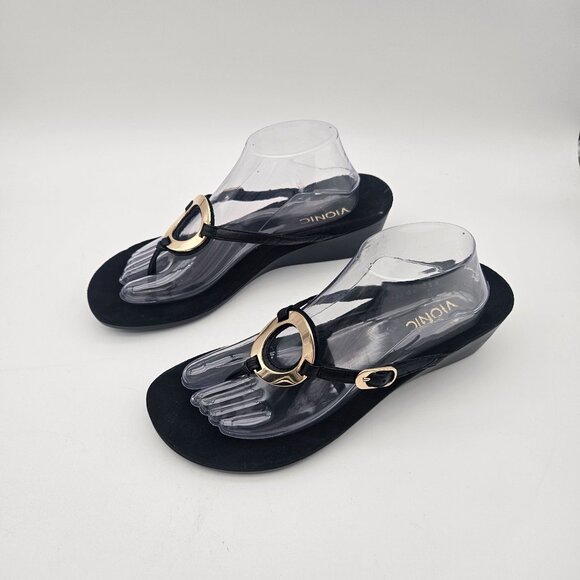 Vionic Orchid Black Leather Thong Sandal Gold Tone Hardware Womens Sz 10 NEW - Picture 2 of 8